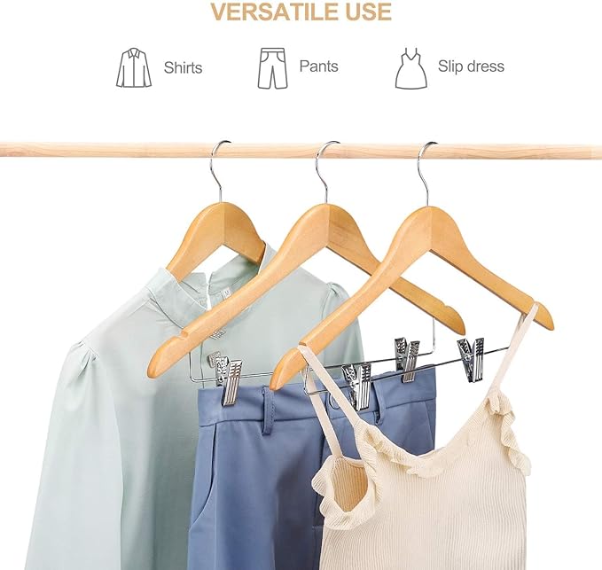 HOUSE DAY 12 Pack High-Grade Wooden Suit Hangers Skirt Hangers with Clips Solid Wood Pants Hanger Natural Smooth Finish Premium Wood Hanger with Durable Metal Clips for Blouse, Dress, Coat, Jacket