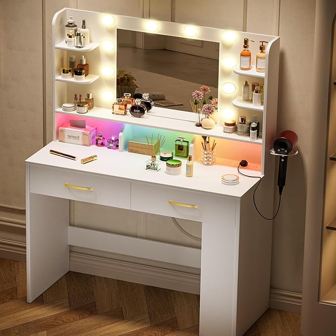 COMHOMA Vanity Desk with Lighted Mirror and Power Outlet, RGB LED Lights Makeup Vanity Set for Girls, Large Storage Capacity Dressing Table for Bedroom, 3 Lighting Modes Adjustable Brightness, White