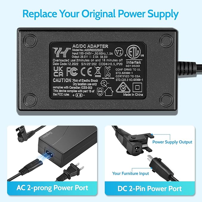 Sopito Recliner Power Supply Universal 29V 2A AC/DC Adapter 100-240V with Longer Power Cord, 2-Pin Switching Transformer, Replacement Part for Recliner Sofa/Lift Chair/Electric Couch/Standing Desk