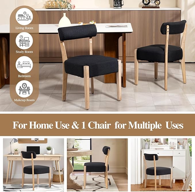 Dining Chairs Set of 4, Mid-Century Modern Wooden Kitchen Chairs with Linen Upholstery - Low-Back Woven Design for Kitchen & Dining Room，Black Fabric