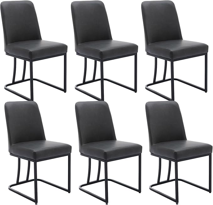 Charcoal PU Leather Dining Chairs Set of 6 Mid Century Modern Comfortable Dining Room Chair with Curved Backrest, Upholstered Kitchen Side Chairs with Black Metal Legs