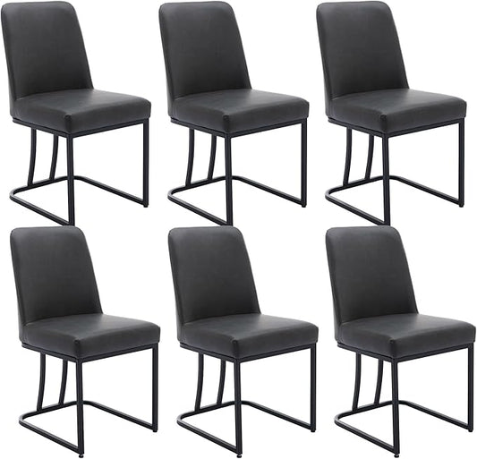 Charcoal PU Leather Dining Chairs Set of 6 Mid Century Modern Comfortable Dining Room Chair with Curved Backrest, Upholstered Kitchen Side Chairs with Black Metal Legs