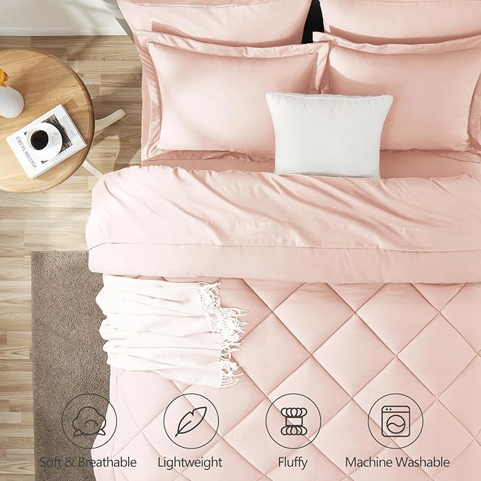 CozyLux Queen Comforter Set Blush Pink - Bed in a Bag Queen Size 7 Pieces, Luxury Soft Bed Set for All Seasons, Bedding Set with Down Alternative Comforter, Sheets, Pillowcases & Shams