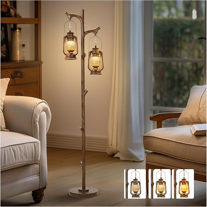 68" Rustic Farmhouse Tree Trunk Floor Lamp Country Brown Finish Wood Vintage Standing Tall Lamp with Lantern Stepless Dimmable Industrial Floor Lamp Decor for Bedroom Living Room Office Hotel