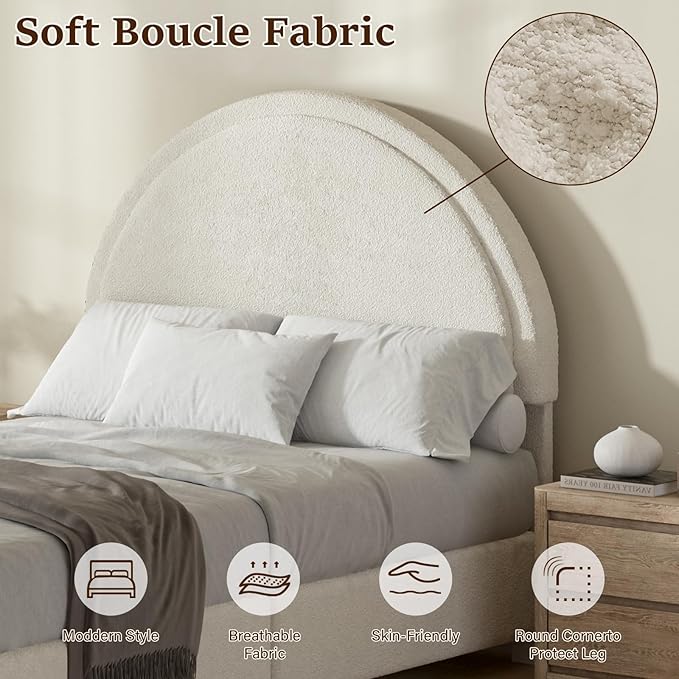 Twin Size Bed Frame, Boucle Upholstered Platform Bed with Headboard, Cloud Bed Frame with Soft Rounded Corners, No Box Spring Required, Easy Assembly, White