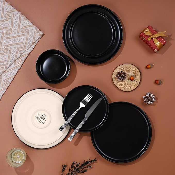 LIANYU Stoneware Dinnerware Sets for 4, 12 Piece Plates and Bowls Set, Ceramic Dishware Dishes for Dining, Scratch Resistant Kitchen Porcelain Plates, Microwave & Dishwasher Safe, Matte Black