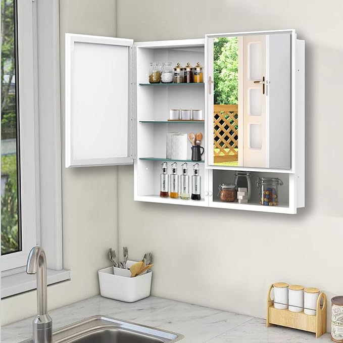 32x26 InchMedicine Cabinet with Mirror, Bathroom Mirrored Cabinet with Double Doors, Extra Storage Space, Bevel Mirror Wall Cabinet, Recessed or Surface Mount
