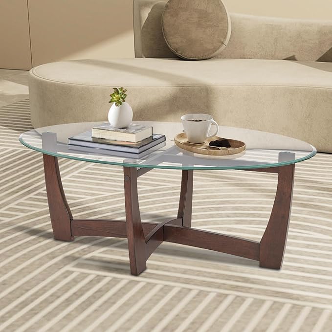 LKTART 48" Oval Glass Coffee Table with Tempered Glass Top Cross and Solid Wood Base Simple & Modern Center Table for Living Room Office Apartment Cherry