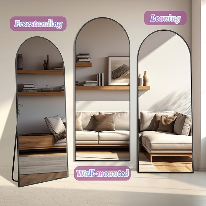 Full Length Mirror, 57"x19" Arched Floor Mirror Freestanding, Floor Standing Full Body Mirror with Stand for Bedroom, Hanging Mounted for Living Room Cloakroom, Black
