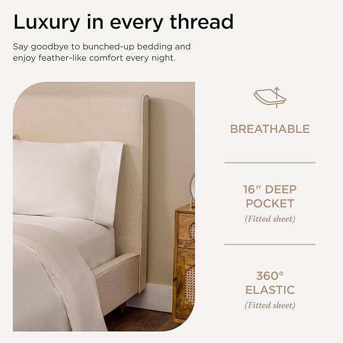 Threadmill 100% Cotton Sheets for Full Size Bed - 600 Thread Count Full Bed Sheets Set with 16” Deep Pocket - Sateen Weave 4-Piece Bedding Set with Cooling Effect, White