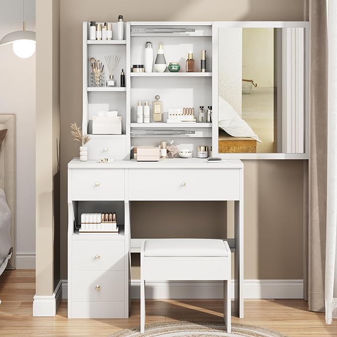 Small Vanity Desk Set with Mirror and Drawers, Makeup Vanity Desk Set with Storage Drawer, Solid Compact Vanities Table with Chair, Compact Space Storage Shelves for Bedroom, White