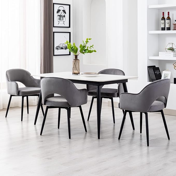 DUOMAY Swivel Dining Chair Set of 4, Modern Velvet Grey Upholstered Armless Side Chairs with 360-Degree Swivel for Dining Room, Living Room, Office