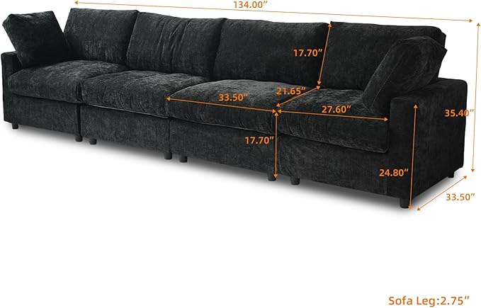 JACH 134" Sectional Couches for Living Room, 4-Seater Convertible Modular Sofa, Cloud Sectional Couch, Sofa Covers Washable, Minimalist Modern Couch for Living Room, Apartment, Black
