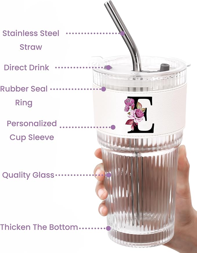 Monogram Glass Cup with Lid Straw Ribbed Ice Tea Coffee Matcha Mujer Vasos Vidrio Latte Clear Tumbler Regalos Mother Day Mama Mommy Bonus Best Mom Ever Asthetic Special Custom Personalized Gift E