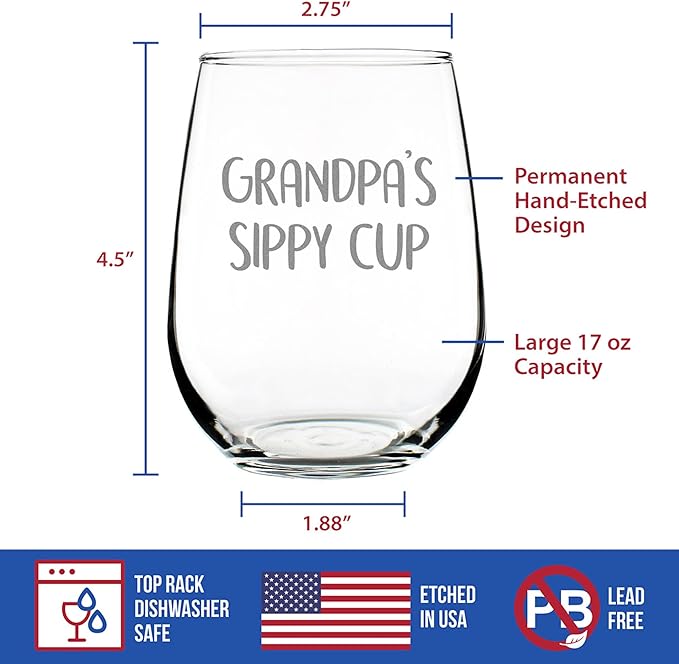 Custom Grandpa's Sippy Cup - Stemless Wine Glass Gift for Grandfathers - Fun Birthday Glasses - Large - Parent - Customized Glasses