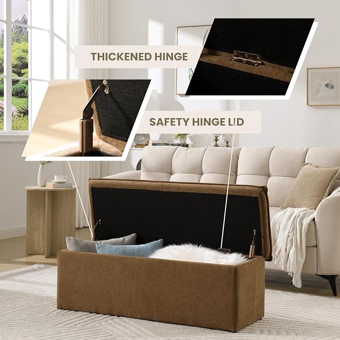45.5 Inch Storage Ottoman Bench, Modern Upholstered Chenille End of Bed Bench with 2 Safety Hinge, Entryway Bench with Seating for Bedroom Living Room, Brown
