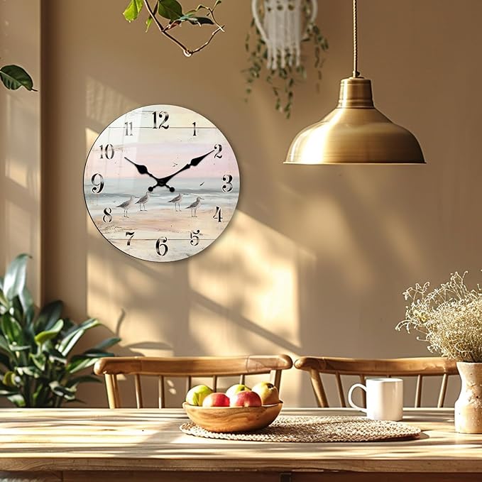 Vintage Wall Clock for Kitchen - 14 Inch Round Wooden Wall-Clock Coast Farmhouse Decor,Battery Operated Silent Clocks with Wood Grain for Kitchen, Home
