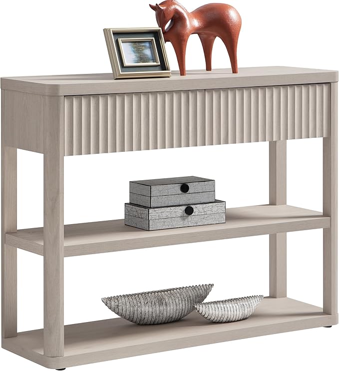 SICOTAS Fluted Entryway Table with Storage, 44.13" W Console Table with 2 Drawers & 2 Tier Storage Shelves, Modern Sofa Table Behind The Couch for Living Room, Entrance, Hallway, Foyer, White Alder