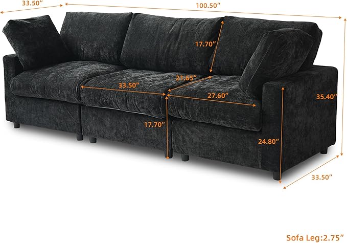 JACH 3-Seater Sectional Couches, Deep Seat Convertible Modular Sofas, Cloud Sectional Couch, Sofa Covers Washable, Minimalist Modern Sofa for Living Room, Apartment, Black