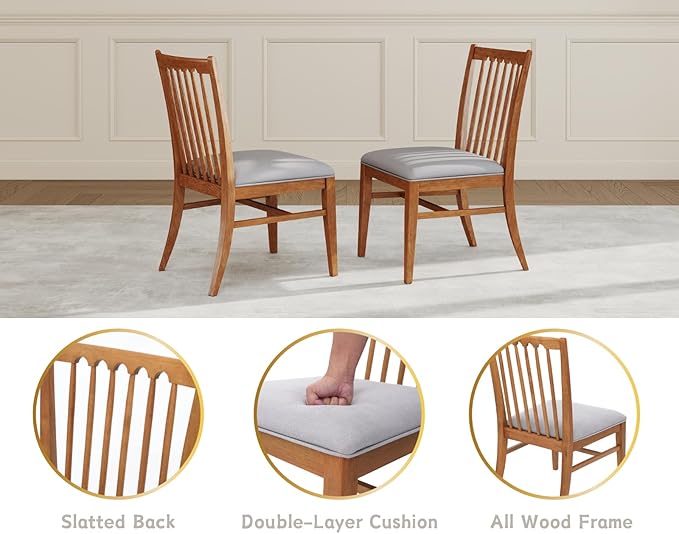 chairus Upholstered Kitchen Chairs Set of 2, Natural Wooden Barrel Dining Chairs with Slat Back Double-Layer Cushion Farmhouse Accent Chairs for Dining Room/Living Room/Restaurant, Chenille Grey