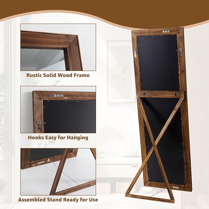 MELOMOIR Rustic Farmhouse Full Length Mirror, 64"x21" Wood Frame Floor Mirror, Free Standing Mirror Leaning Hanging Mirror, Long Mirror for Bedroom Living Room Cloakroom, Wood