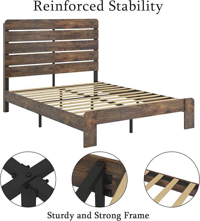 Full Size Bed Frame with Wooden Headboard and Footboard, Rustic Platform Bedframe, Wood Slats Support, No Box Spring Needed, Under Bed Storage, Easy Assembly, Brown