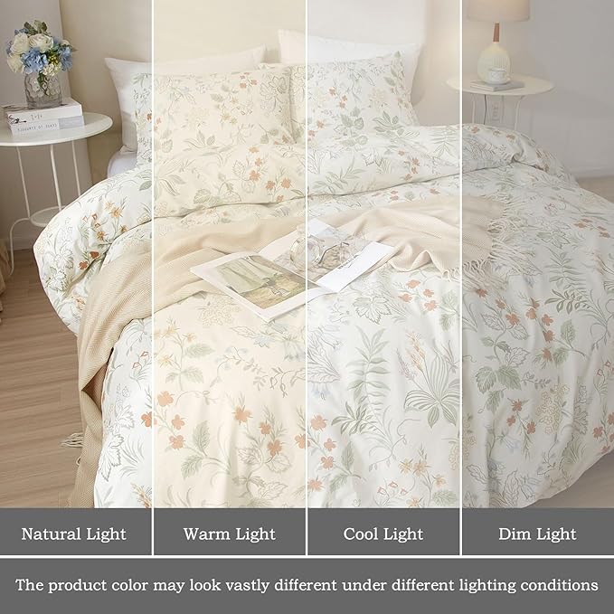 EAVD Vintage Garden Floral Comforter Set Queen White Soft Microfiber Bedding Set Chic Fresh Floral Leaves Aesthetic Bedding Set with 2 Pillowcases Reversible Botanical Comforter Set