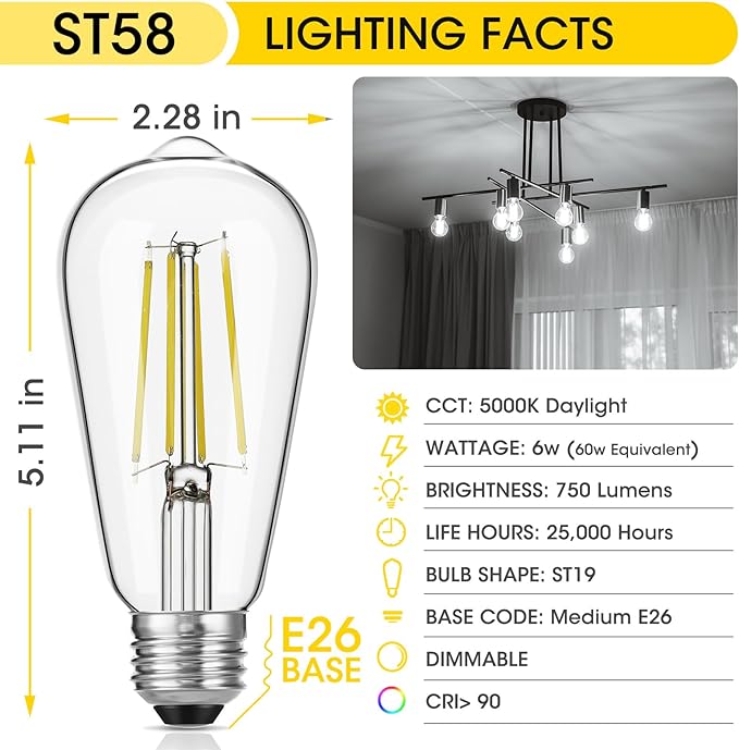 Dimmable Vintage LED Edison Bulbs, 6W, Equivalent 60W, 750lm, Daylight 5000K, 90+ CRI, ST58 Antique LED Filament Bulbs, E26 Medium Base, Clear Glass, Pack of 12
