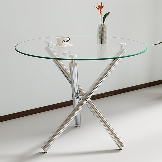 36" Round Glass Dining Room Table for 4 with Tempered Glass Top and Silver Chrome Metal Tube Legs, Modern Clear Kitchen and Dinner Table for Home Office Dining Room
