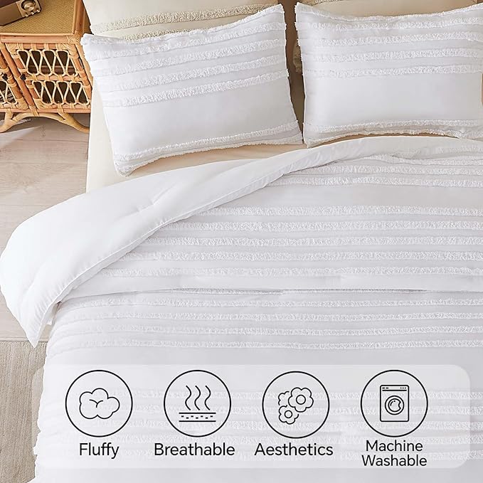 BEDELITE Boho Twin/Twin XL Comforter Set，White Tufted Striped Bed Set 2 Pieces, Soft Vintage Farmhouse Comforter for College, Boho Home Dorm Decor, Fluffy Jacquard Bedding with 1 Pillow Sham
