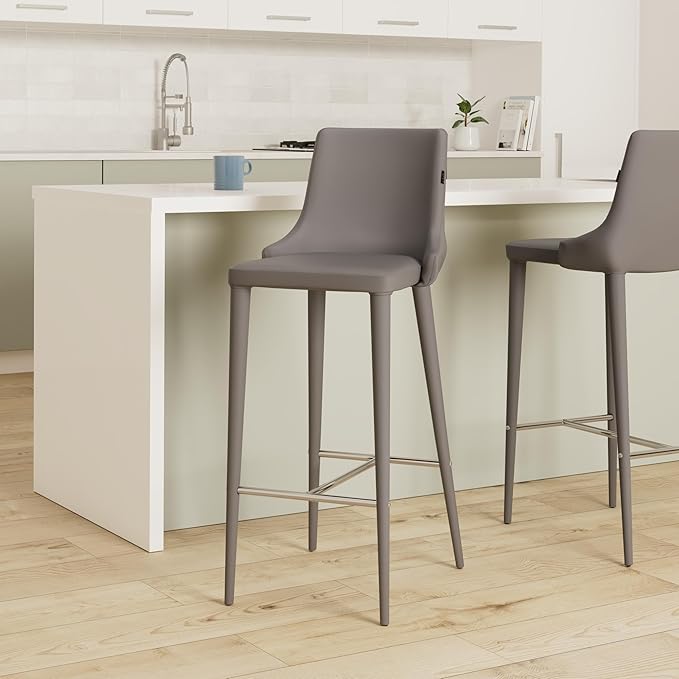 ZURI Jillian Gray Leatherette Bar Stool with Stainless Steel Base
