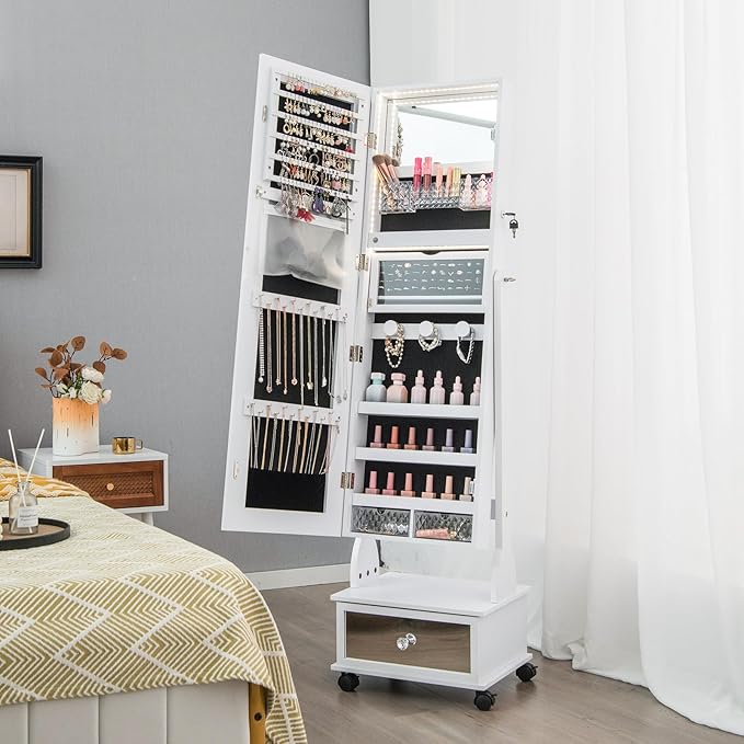 GOFLAME Standing Jewelry Cabinet Armoire with Wheels, Lockable Jewelry Storage Organizer with Full Length Mirror, 3-Color LED Lights, Interior Makeup Mirror, Jewelry Armoire for Bedroom (White)