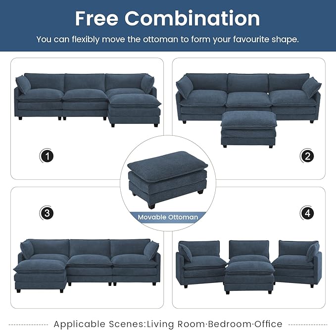 ROWHY Oversized Modular Sectional Couch with Movable Ottoman, 112" Modern Convertible L Shaped Sofa Set, 4 Seat Comfy Cloud Couch with 2 Throw Pillows, for Living Room, Chenille, Royal Blue