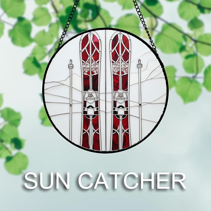 Stained Glass Window Hanging 4 Pcs Set Winter Skiing Red Christmas House 9.8" - Suncatcher Door Garden Sun Catcher Decor Birthday Mother's Day for Mom Woman Nana Friend