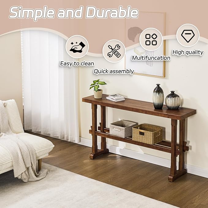 Kmax Entryway Table, 59 inchs Wood Farmhouse Console Table Boho Hallway Table Rustic Couch Table Behind Sofa for Outdoor Entrance Living Room - Walnut