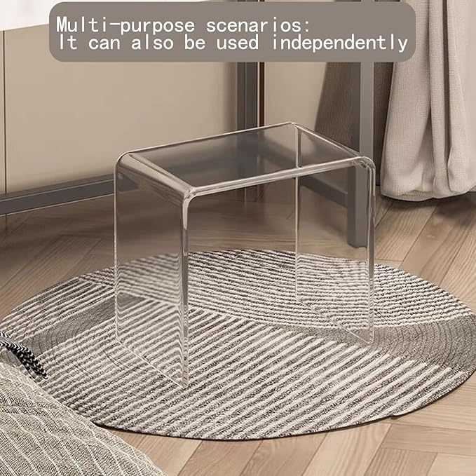 Acrylic Coffee Table and Stool Set of 2. with 34" Modern Minimalist Rectangular Table + 15" Multi-Use Clear Stool, Rest Stool, Shower Seat w/Rounded Edges (Stool:15.7"x10.6"x14.1")