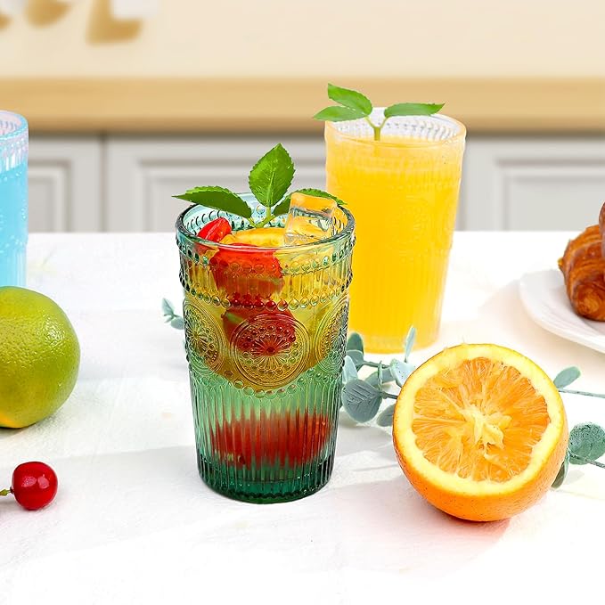 6pcs Vintage Drinking Glasses Set, 12 oz Atroviens Highball Glasses, Embossed Ribbed Glassware Cups for Cocktail, Water, Juice, Coffee, Whiskey