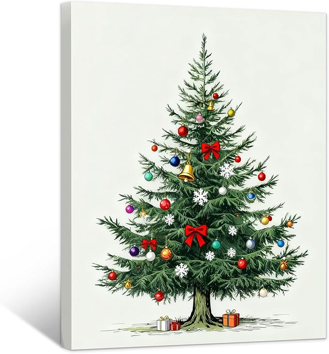 Framed Christmas Pictures Wall Decor,Vintage Pine Tree Prints,Winter Christmas Canvas Wall Art Decoration for Bedroom Bathroom Living Room Rustic Xmas Holiday Gifts (Christmas Tree 8, 16'' X 20'')