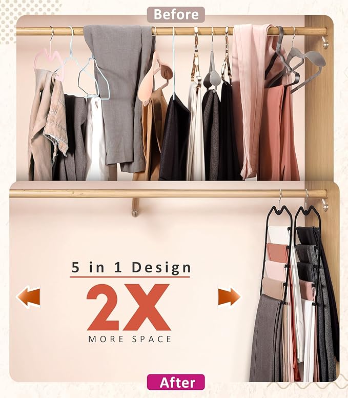 Pants Hangers Space Saving,3 Pack Velvet Short Neck Pants Hangers,5 Tier Space Saving Velvet Hanger,Closet Organizers and Storage Dorm Room Essentials for College Students Girls Guys Holds Pant,Jean
