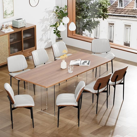 Dining Chairs Set of 8, Dining Room and Kitchen Chairs, FSC Certified Mid Century Modern Accent Chair, Upholstered PU Leather Chairs for Vanity with Walnut Bentwood and Metal Legs, White