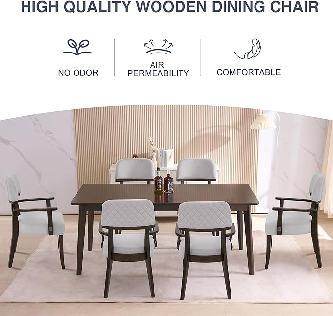 Modern Wood Dining Chairs with Arms Set of 4, Velvet Upholstered Kitchen Chairs with Open Curved Backrest & Black Hardwood Legs, Accent Chairs 350 LBS Capacity, Grey