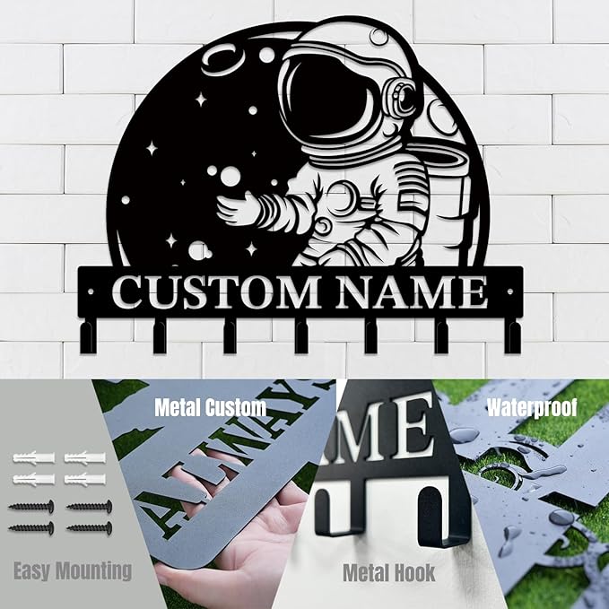 Personalized Custom Astronaut UFO Metal Wall Keys Hooks,Clothes Hooks Astronaut Art coat racks,door holder,Black Astronaut decorations for home,Entrance doors,Hallway, Bedroom,Keys,Hats (Style A)