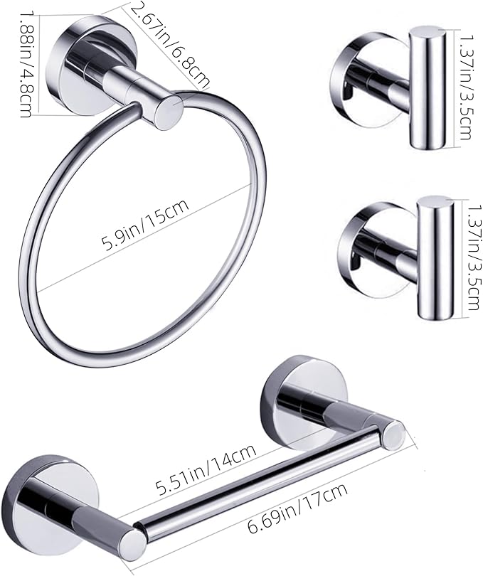 Chrome Bathroom Hardware, Polished Silver Toilet Paper Holder Towel Ring 2 Robe Hook Wall Mount Hand Towel Holder Set Tissue Roll Holder with Double Post Accessories SUS304 Stainless Steel 4pc
