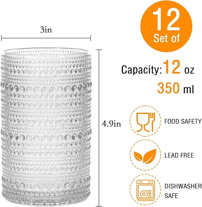 Mapoxy Hobnail Drinking Glasses Set of 12, 12 Oz Highball Glasses, Clear Embossed Water Glass Cups for Beer, Whiskey, Juice & Cocktails, Multi-Use Boho Glassware Set for Home, Bar, Kitchen & Gifting