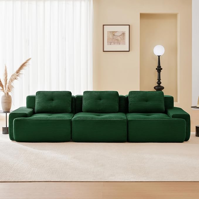 115" Modern Corduroy Cloud Sofa, Boneless Modular Large Sectional Couches for Living Room, Green 3 Seater Compressed Memory Foam Couch, Extra Deep Seat, No Assembly
