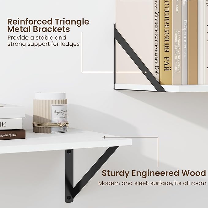 Fun Memories Deep Floating Shelves for Wall, 36W x 8D Wall Mounted Shelves Set of 2, Wide Display Ledge Shelf with Sturdy Metal Brackets for Living Room, Bathroom, Bedroom and Kitchen, White