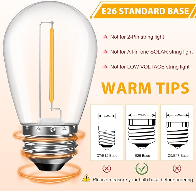 28 Pack S14 Bulbs for Outdoor String Lights, Shatterproof LED Replacement Bulbs for Patio String Lights Outdoor Waterproof, E26 Base, Soft White 2200K, Dimmable