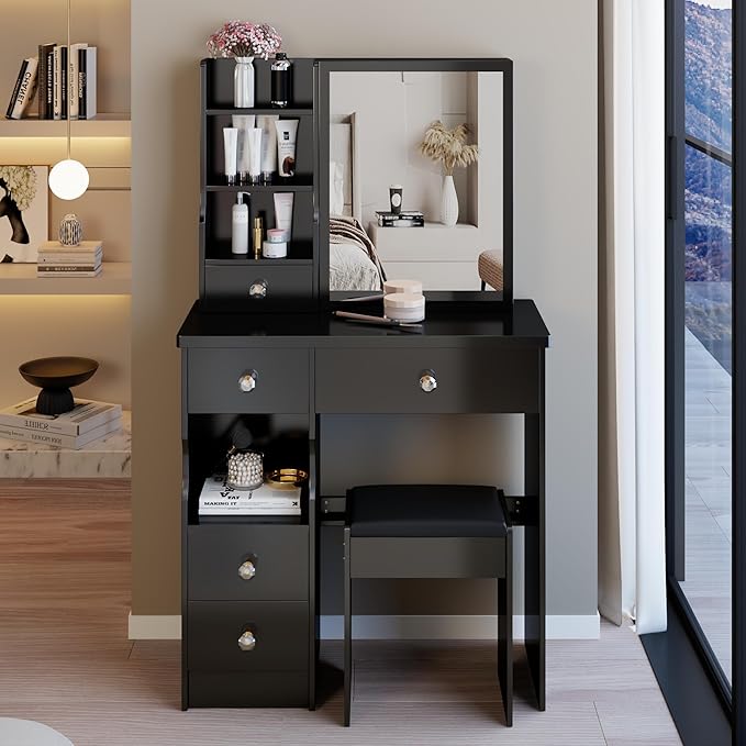 KEIKI Vanity Desk with Mirror & Cushioned Stool, 29.2'' Makeup Dressing Table Set with 5 Drawers for Tiny Bedrooms, Dorms, Apartments,Balck