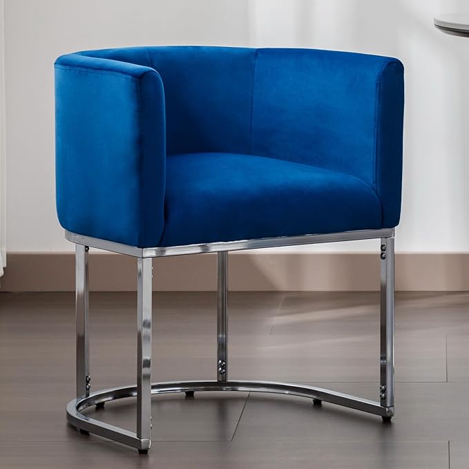 Velvet Dining Chairs Modern Barrel Arm Chairs with Chrome Metal Frame, Upholstered Kitchen Chairs 18.5" Wide Accent Chair for Living Room Dining Room Restaurant, Blue