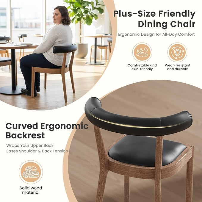 Kmax Dining Room Chairs Mid-Century Modern Leather Kitchen Chairs with Natural Walnut Finished Frame, PU Curved Back, Set of 4, PU Black